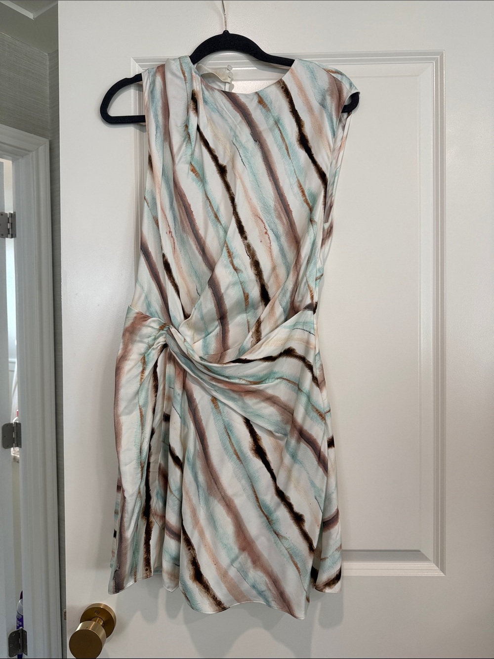 A.L.C. Striped Twist-Waist Midi Dress in Aqua, Brown & Cream